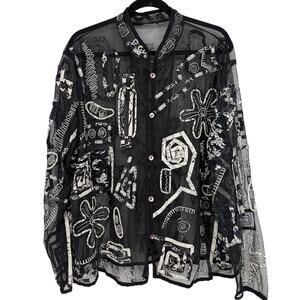 No Brand Vintage Y2K Black White Chiffon Applique Button Up Long Sleeve L/XL